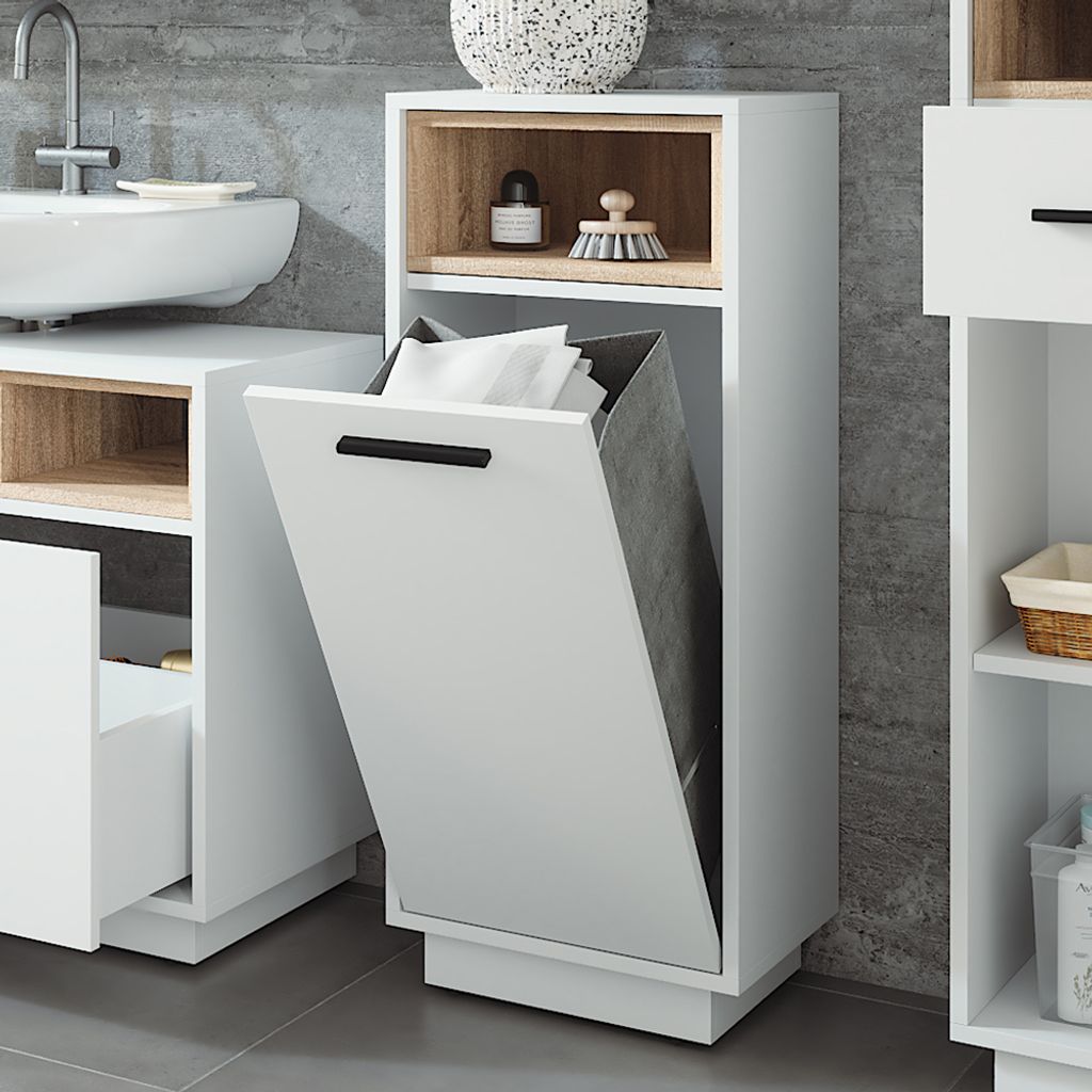 A modern bathroom cabinet with a laundry hamper feature.