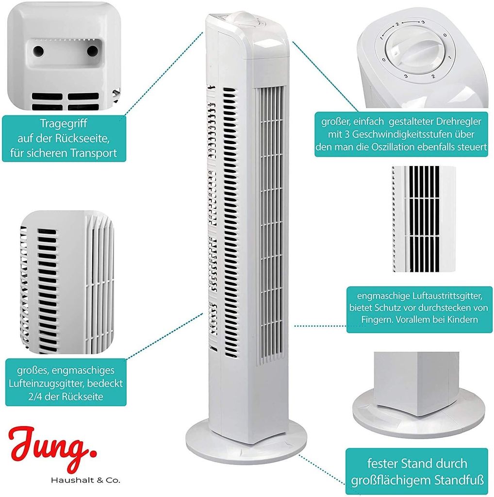 JUNG TF01 Turmlüfter, 76 cm, Säulenventilator, Raumlüfter, leise, kompakt, für Wohnzimmer, Büro, Tischventilator, platzsparend, Luftzirkulatio...