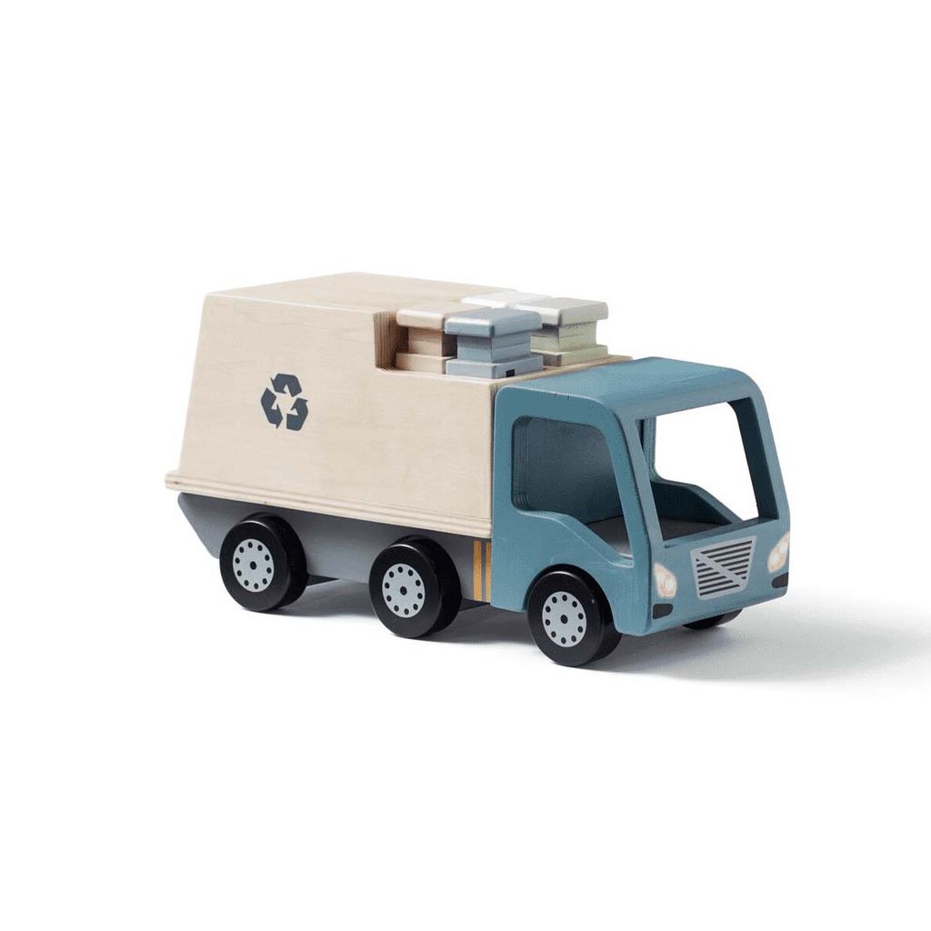 A toy garbage truck on a white background.