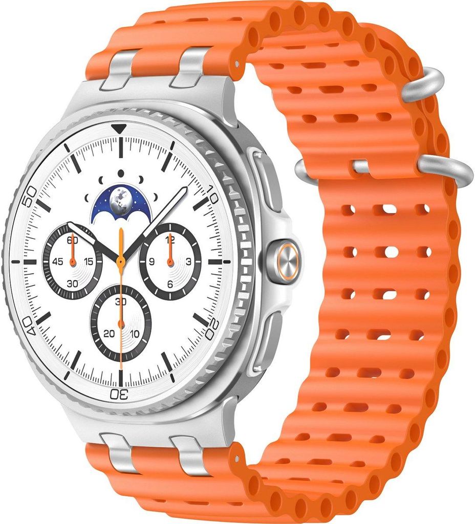 Stravo Ocean Silikonarmband – Für Samsung Galaxy Watch 8 40/44 mm & Watch 8 Classic 46 mm – Atmungsaktiv im Ozean-Stil – Silber/Orange