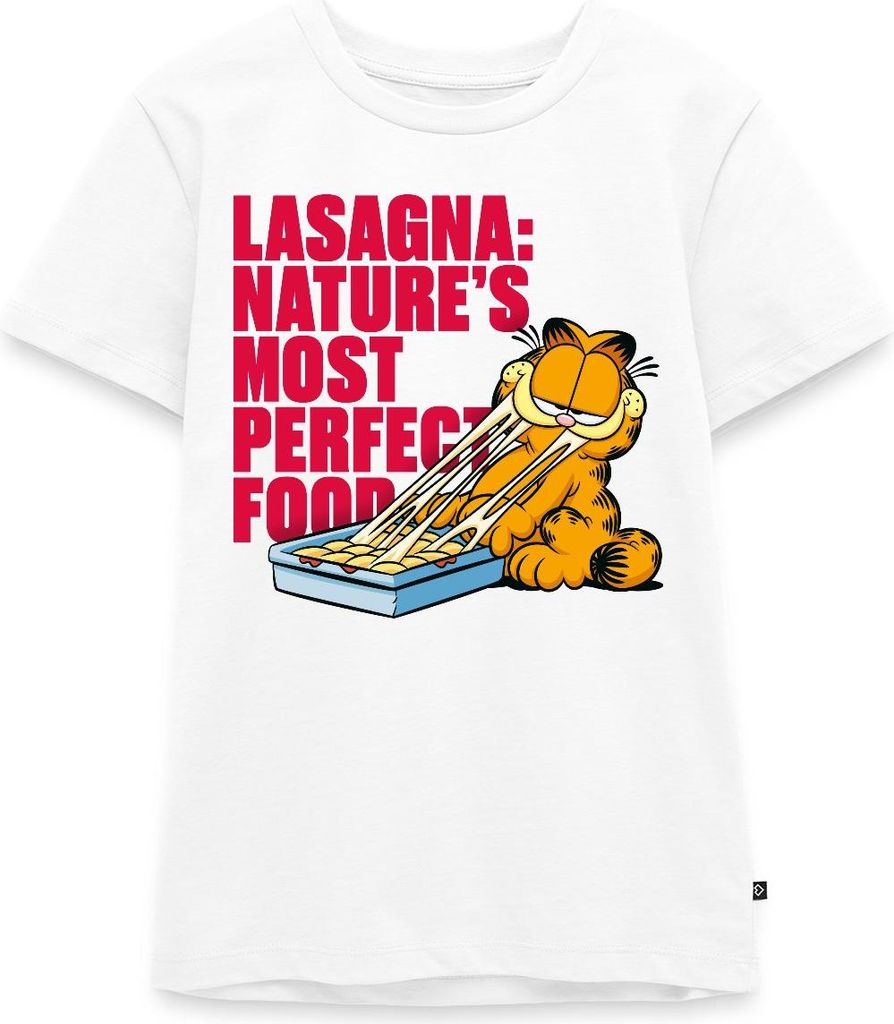 Spreadshirt Garfield Lasagne Das Perfekte Essen Teenager Premium T-Shirt, 146/152 (10 Jahre), Weiß
