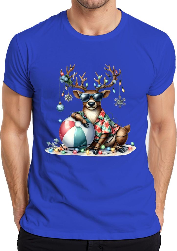 Weihnachtsrentier Sonnenbrille Hawaiihemd Strandball Lichterkette Herren T-Shirt, Blau, XXL