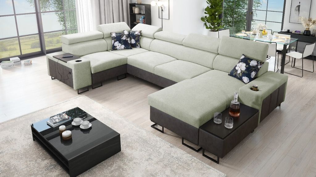 Kaiser Möbel Großes Ecksofa,Schlaffunktion MELODY IV MAXI Tauro/Freya Graphit/Hellgrün Rechts