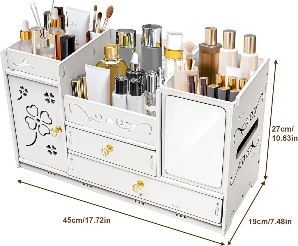 Organiseur de maquillage en PVC blanc 45 cm avec miroir rotatif intégré