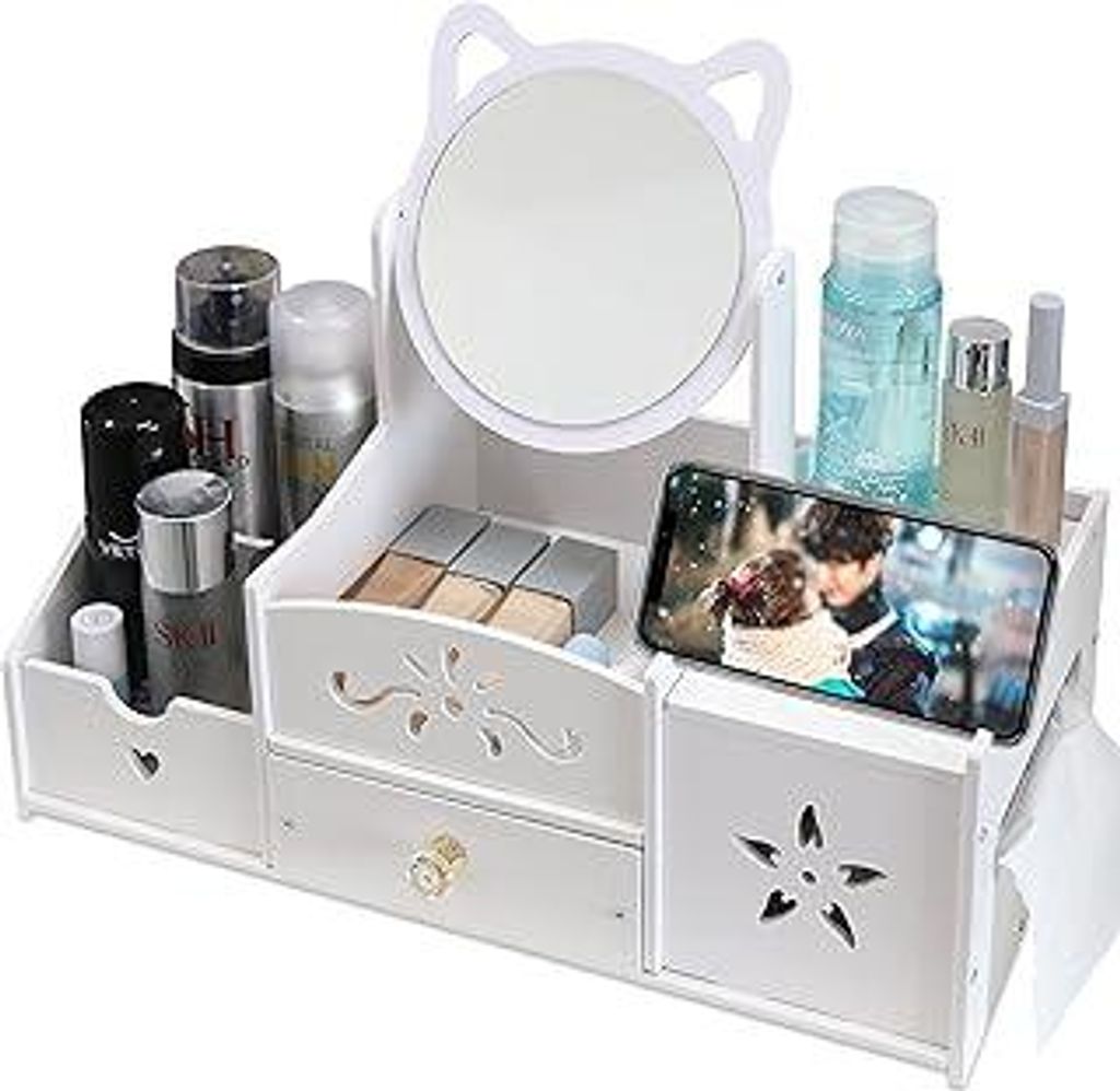 LEcylCosmetic Organizer, Schminktisch Organizer mit Spiegel, Multifunktionaler Desktop Kosmetik Organizer, Weiß Make up Organizer mit Schublade f...