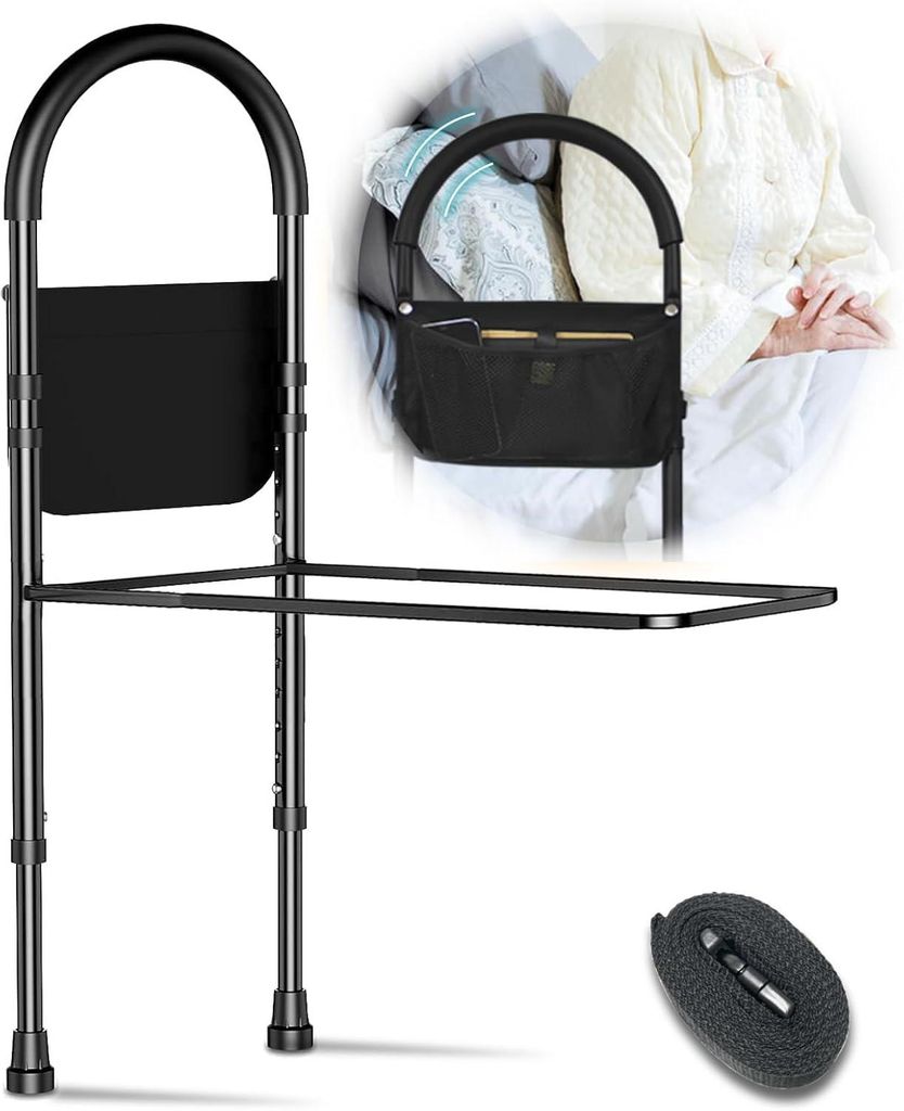 Bett Aufstehhilfe Bettgriff, Bettgitter für Senioren mit Lagerung Tasche, Höhenverstellbarer Haltegriff bis 150kg Belastbar - Sicher und Stabil