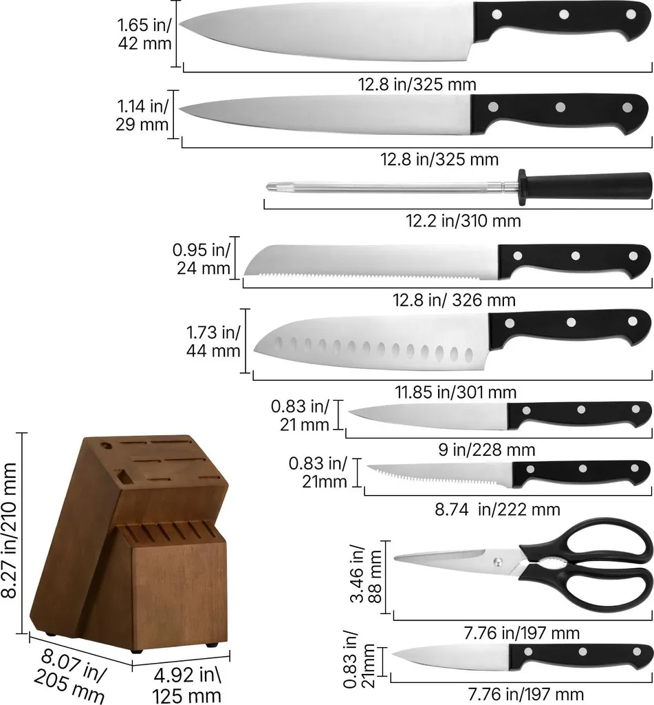 SucceBuy Set di coltelli da cucina da 15 pezzi con ceppo in legno e acciaino per affilare, coltelli affilati in acciaio inox di alta qualità con manici ergonomici in ABS, ideali per gli amanti della cucina - 8