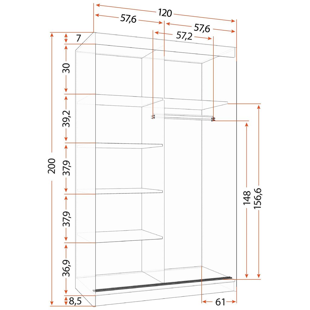 Schwebetürenschrank Kleiderschrank Schrank 120 cm Weiß/Weiß Produktbild 6