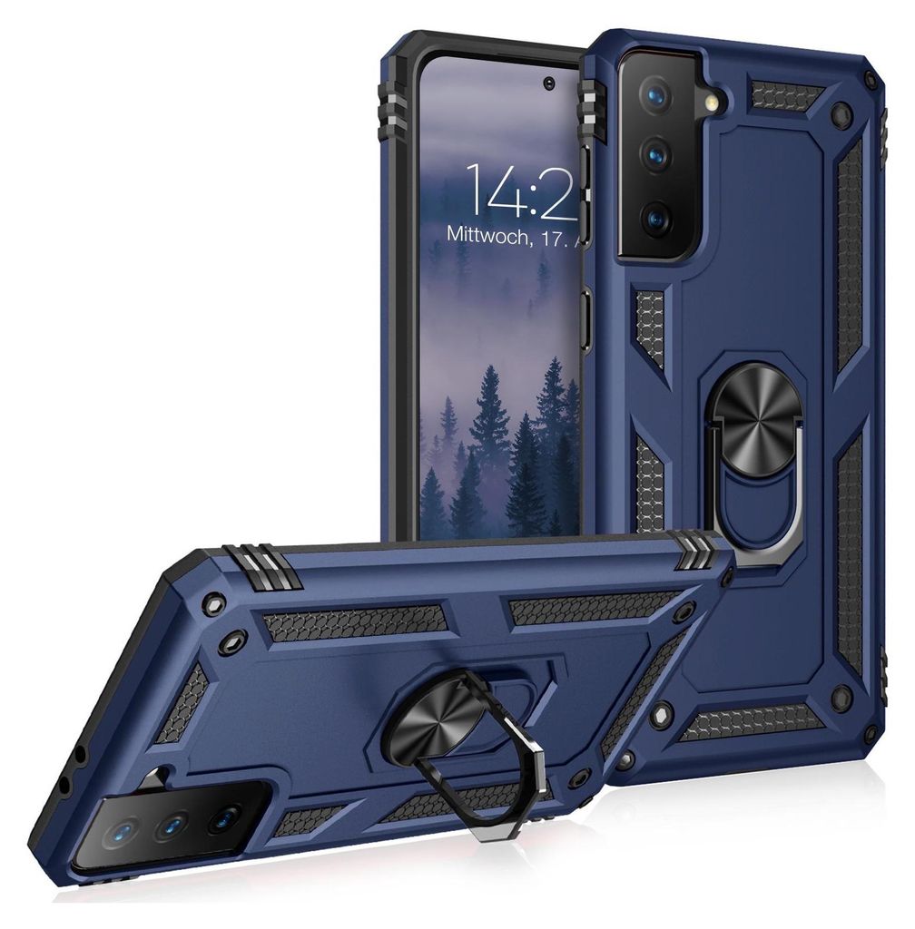 A dark blue phone case with a ring holder is displayed, with a phone inside it. Another phone case is shown in the foreground.