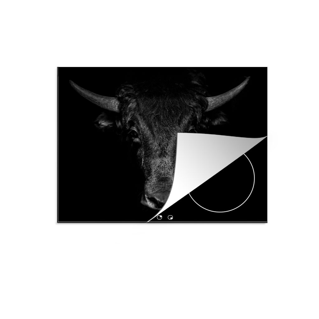 KitchenYeah Herdabdeckplatte Taurus - Tiere - Schwarz - Weiß , 71x52cm, Küche Deko, Glaskeramikkochfeld Herdabdeckung, Abdeckplatte fùr Kochfeld