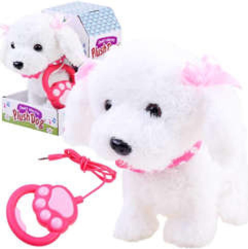A white plush dog toy with a pink collar and leash, shown with its packaging in the background.