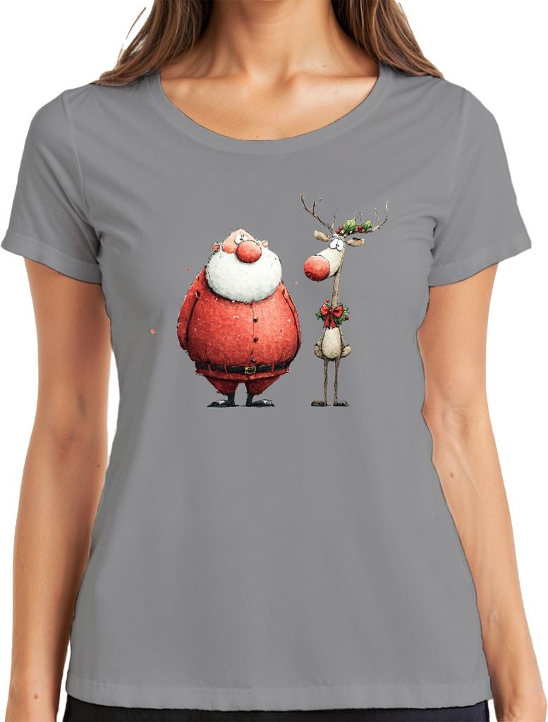 Lustiger Weihnachtsmann Rentier Aquarell Geschenk Retro Damen T-Shirt, Grau, L