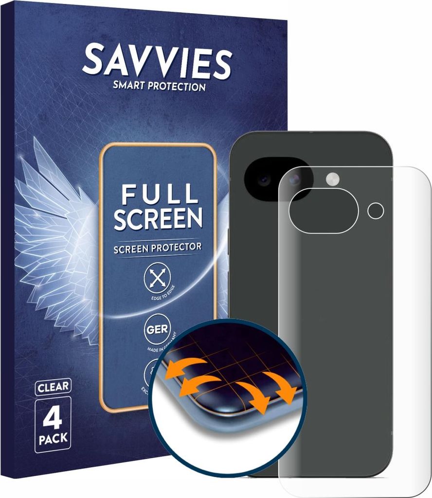 4x Savvies Fullscreen Schutzfolie für Google Pixel 10a (Rückseite) Displayschutz Folie Fullcover Klar Transparent