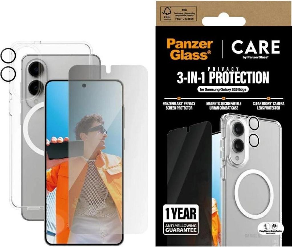 Schutz Kit Pflege von Panzerglass Flagship 3W1 Fall+Privatisierung Glas+Linse für Samsung Galaxy S25 Edge - Klar