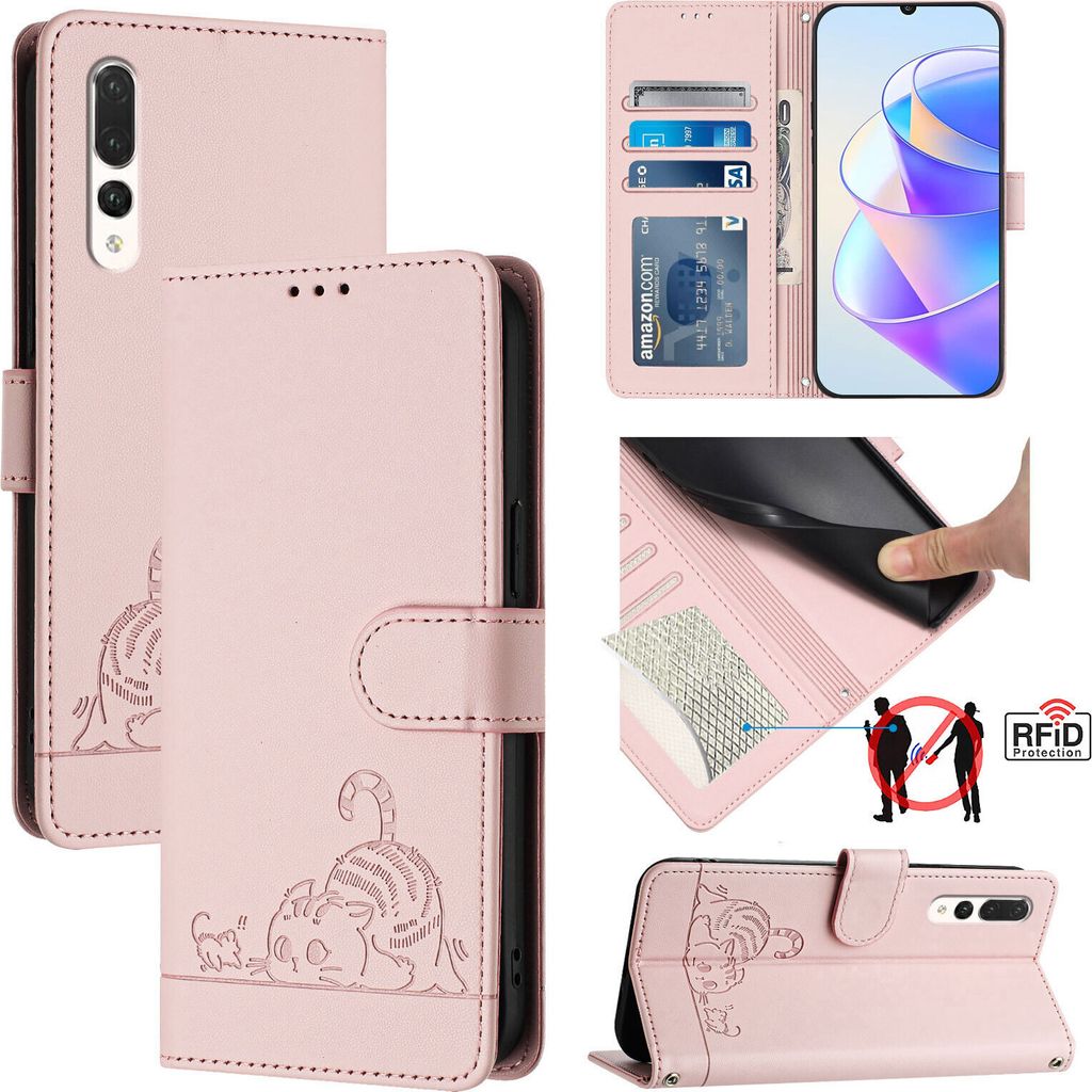 Leder Hülle für Huawei P20 Pro Süße Katze Flip Case Brieftasche Schutzhülle mit Standfunktion Pink