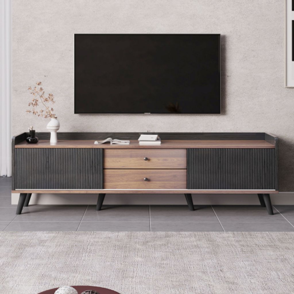 TV-Schrank H58 x L160 x T40 cm Schwarz zwei Schubladen Fernsehtisch TV Board TV-Lowboard zwei Schiebetueren Exquisite Textur Masse Ideal