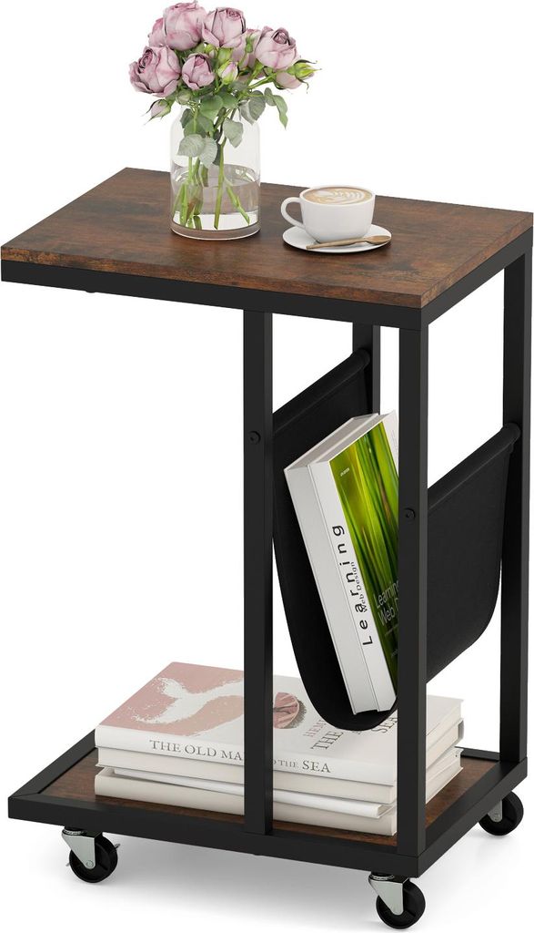 COSTWAY Beistelltisch mit Rollen, Sofatisch C-Form, Kaffeetisch mit Aufbewahrungsbeutel&Metallgestell, Wohnzimmertisch, Couchtische, Industrie-Design