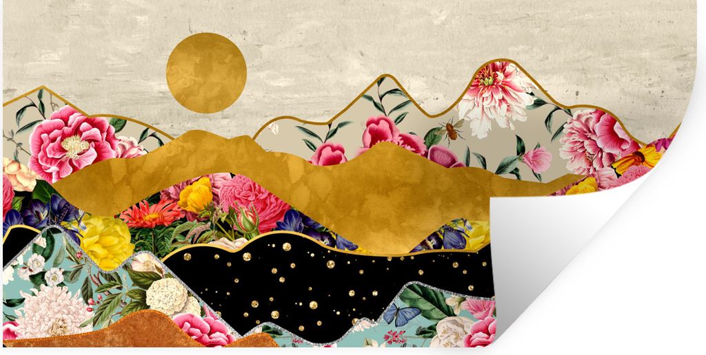 MuchoWow Wandtattoo Wandsticker Wandaufkleber Gold - Blumen - Druck - Abstrakt - Landschaft - Muster 120x60 cm Selbstklebend und Repositionierbar...