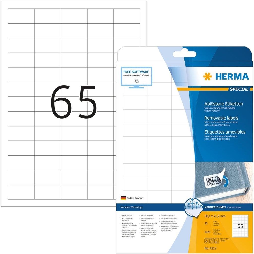 Etiketten A4 weiß 38,1x21,2 mm Movables/ablösbar Papier Produktbild 