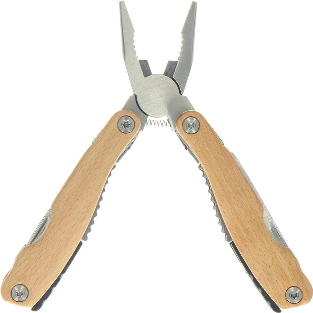 Multitool aus Edelstahl mit Buchenholzgriff - 9-in-1 Werkzeug mit Säge, Zange, Schraubenziehern, Messer, Dosen- & Flaschenöffner und Fischentschu...