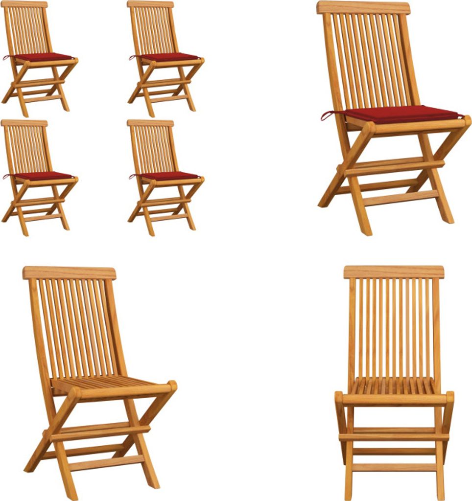 vidaXL Gartenstühle mit Roten Kissen 4 Stk. Teak Massivholz - Gartenstuhl - Gartenstühle - Holz-Gartenstuhl - Holz-Gartenstühle