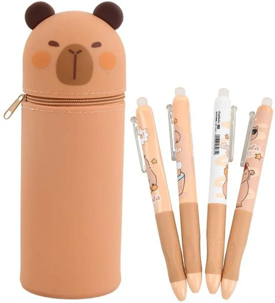 Étui souple en silicone 2-en-1 avec 4 stylos bille et zip de sécurité