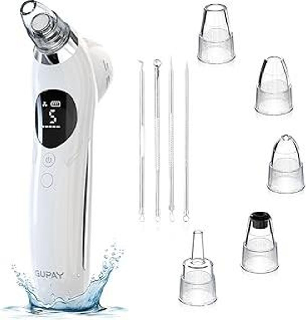 GUPAY Mitesserentferner Porenreiniger Porensauger, Mitesser Entferner Sauger mit 5 Saugstufen und 5 Köpfe Blackhead Remover Vakuumsauger Pickelsau...