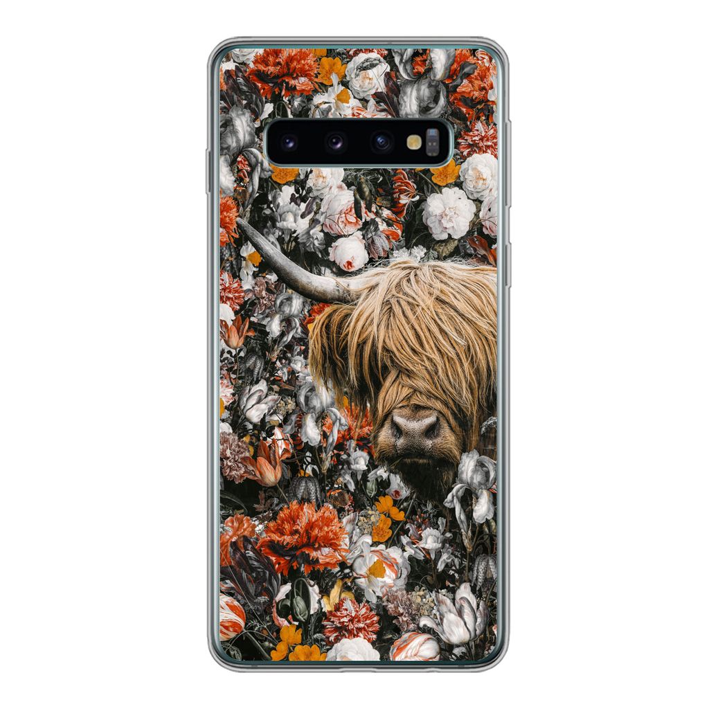 MuchoWow Handyhülle Schutzhülle Hülle für Samsung Galaxy S10 Schottischer Highlander - Blumen - Orange Silikon Softcase Handy Hülle - Handyt...