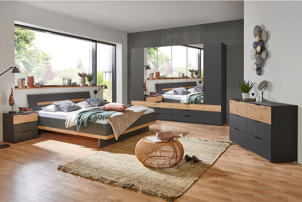 Schlafzimmer Komplett Set GRANADA-43 mit Bett 180x200cm und 6-trg. Kleiderschrank in graphit mit Artisan Eiche Nb.