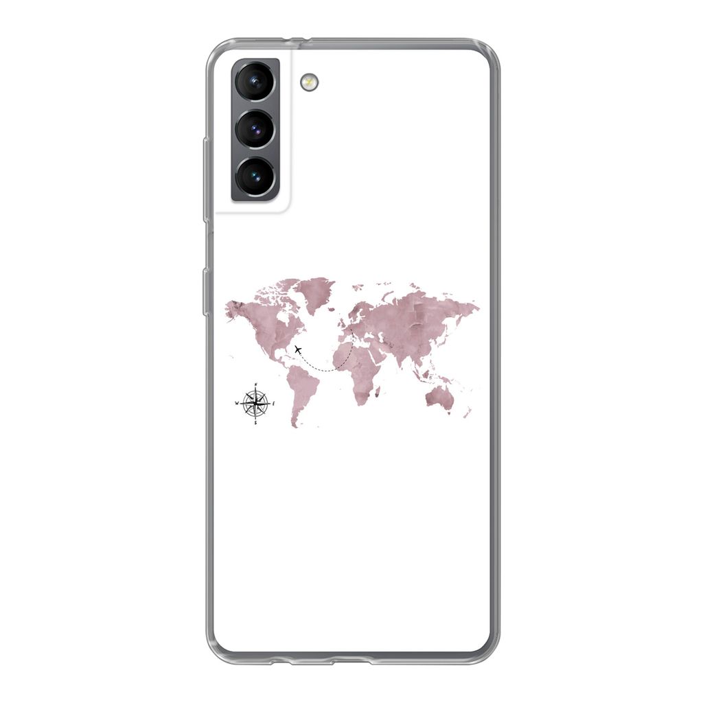 MuchoWow Handyhülle Schutzhülle Hülle für Samsung Galaxy S21 Plus Weltkarte - Rosa - Flugzeug Silikon Softcase Handy Hülle - Handy-Tasche