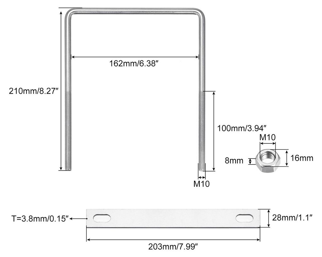 2 S?tze Quadratische U Bolzen 162mm(6.38") Innenbreite 210mm L?nge M10 304 Edelstahl U Klemmschraube mit Mutter und Platte fš¹r Bootsanh?nger