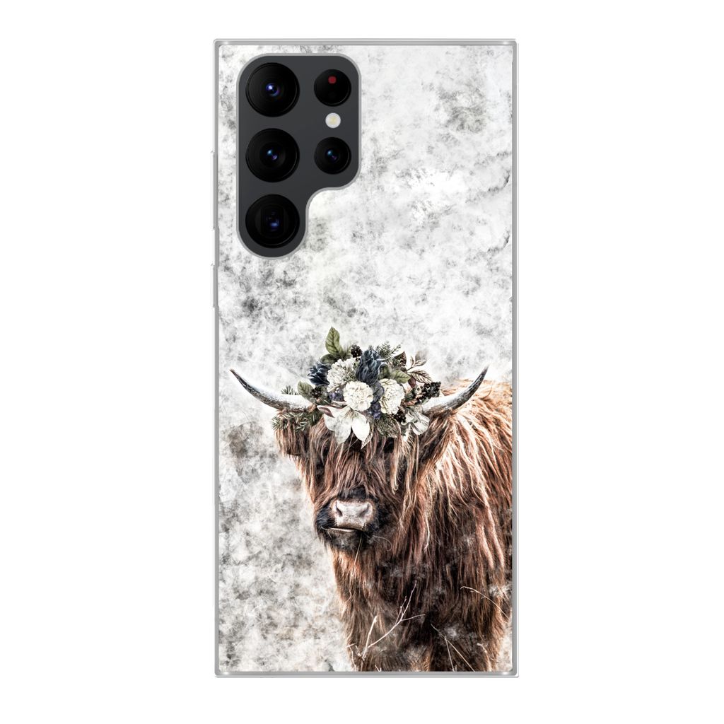 MuchoWow Handyhülle Schutzhülle Hülle für Samsung Galaxy S22 Ultra Schottischer Highlander - Marmor - Blumen Silikon Softcase Handy Hülle - ...