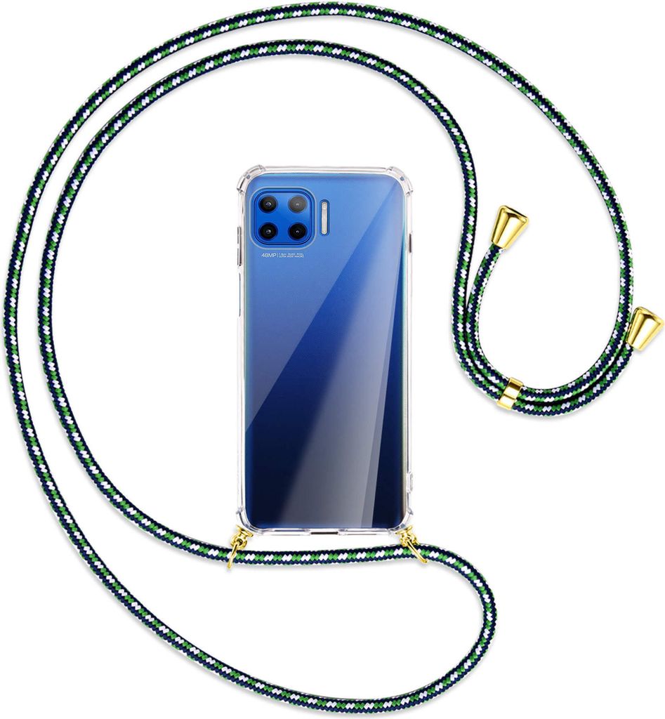 Handykette Backcover-Schutzhülle mit Band (Metall goldfarben) für Motorola Moto G 5G Plus - grün/blau/weiß