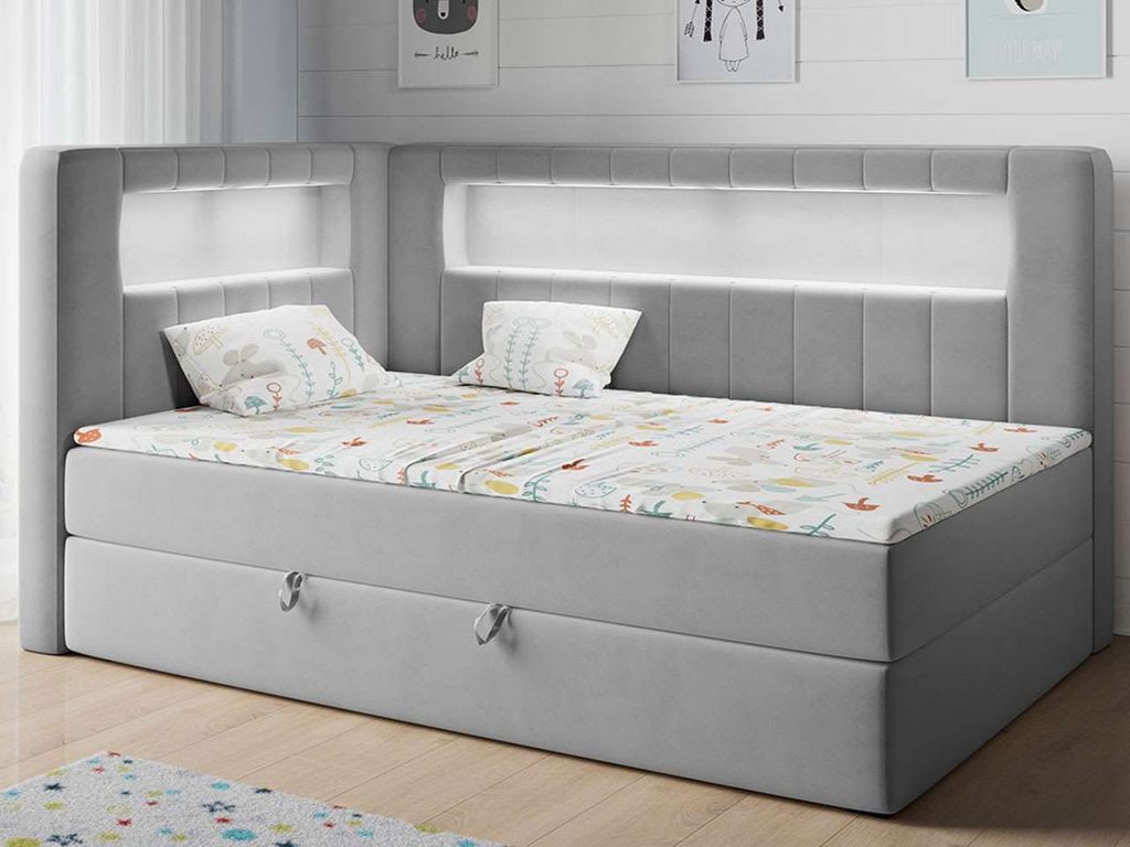 Polsterbett 90x200, Kinderbett mit LED, Matratze und Topper - JUNIOR-GOLD-3 - Grau - Linke Seite