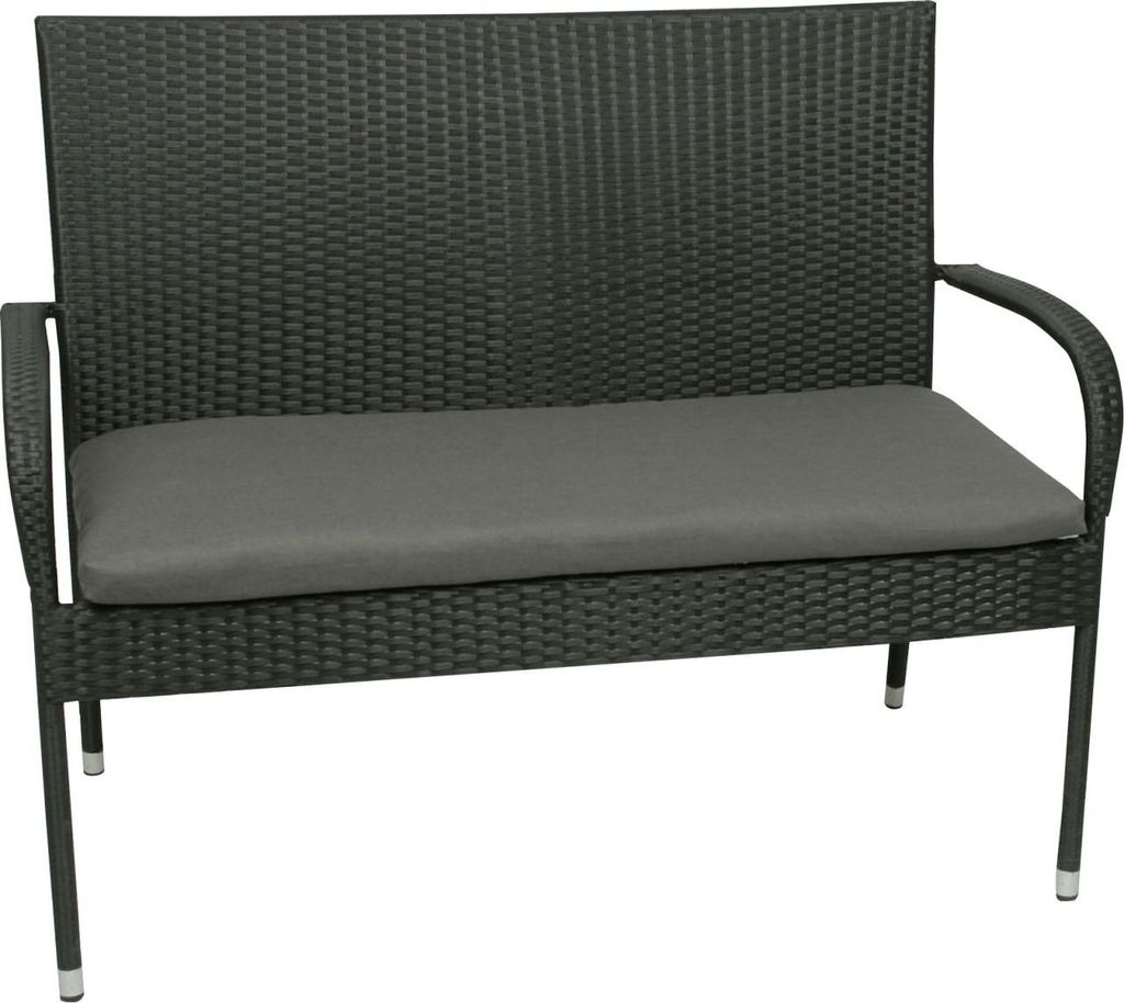A dark gray woven bench with a gray cushion, shown from the front on a white background.