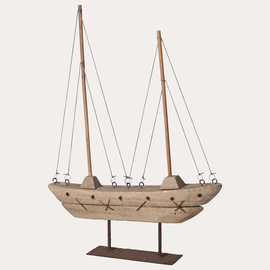 Bateau de pêche miniature en bois véritable décor de table maritime