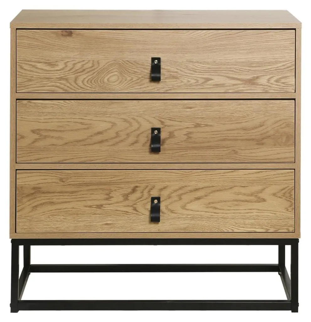 Commode imitation chêne JILL 3 tiroirs et piétement en métal