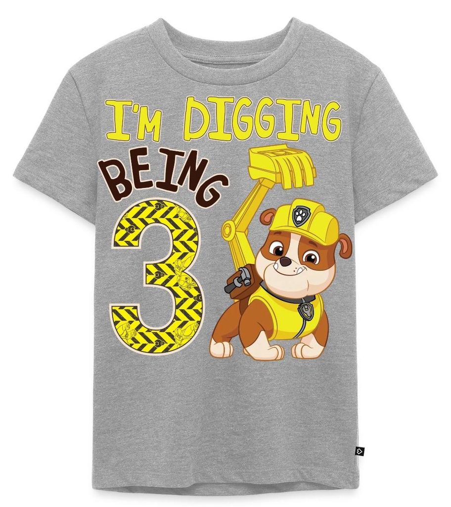 Spreadshirt Paw Patrol Geschenk 3 Jahre Alt Geburtstag Rubble Kinder Premium T-Shirt, 110/116 (4 Jahre), Grau meliert