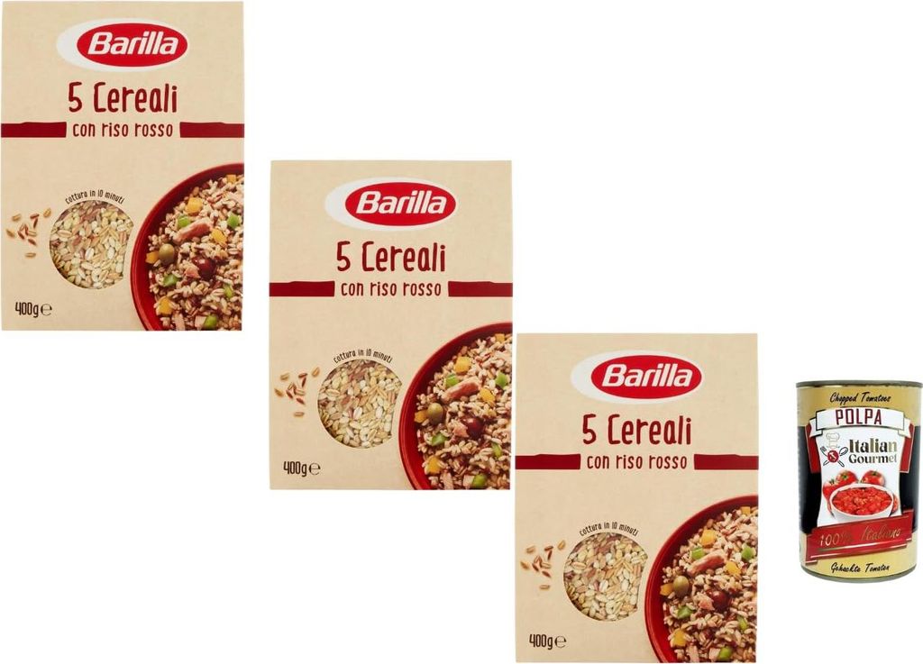 Barilla 5 Cereali mit rotem Reis 3x400g Getreidemix für Salate Bowls & warme Beilagen ballaststoffreich schnelle Küche + Italian Gourmet polpa