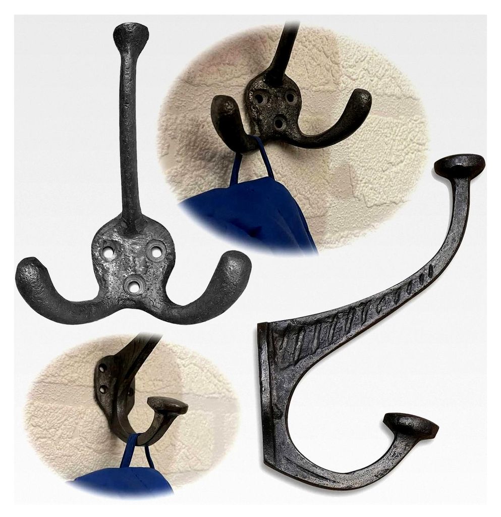 Vintage Kleiderhaken - Doppelhaken - 13cm - Gusseisen - Rustikal Grau Schwarz - Garderobenhaken für Flur, Badezimmer und Schlafzimmer