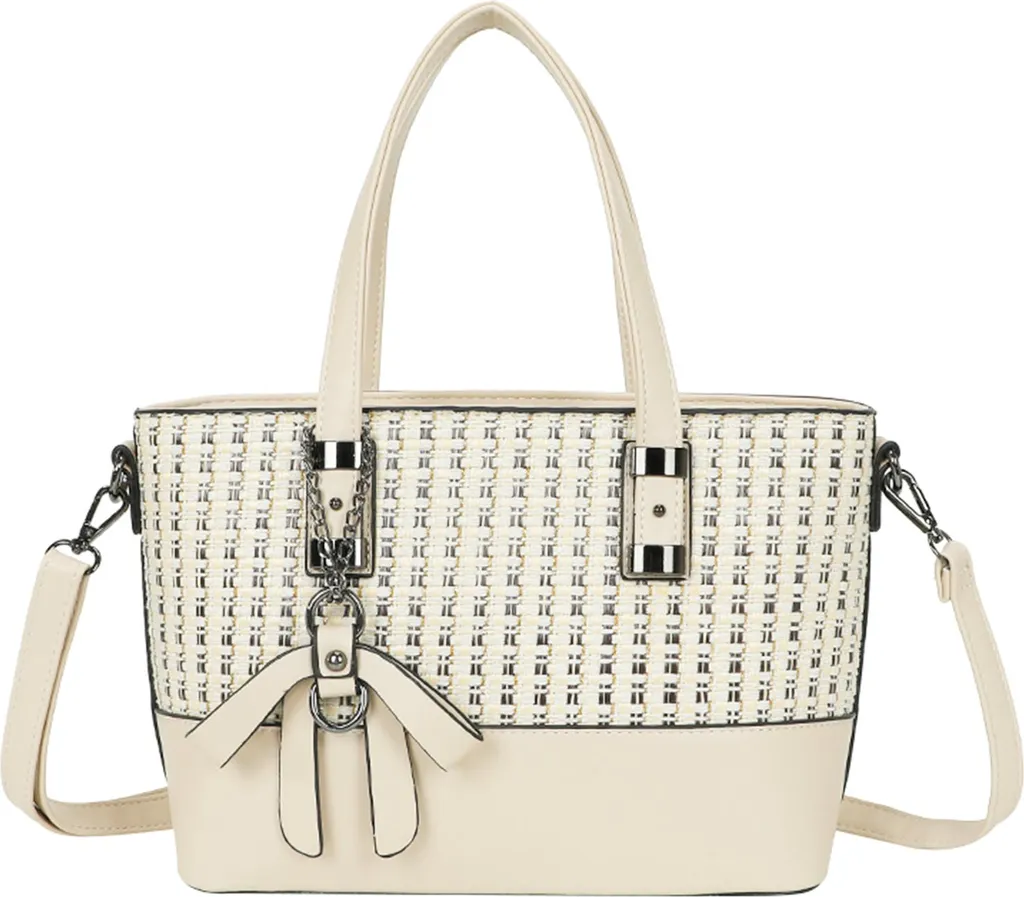 Grand sac à main cabas beige texture quadrillée femme avec bandoulière