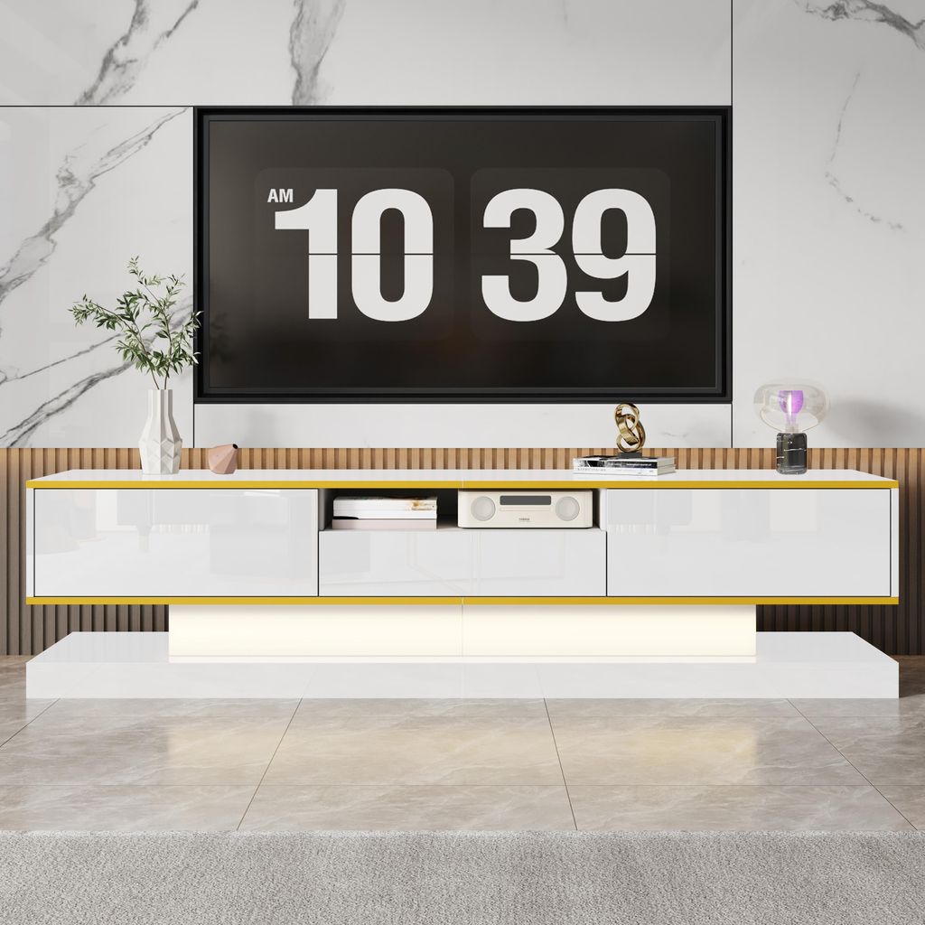 Merax TV-Schrank mit 3 Schubladen und offenem Fach, Wohnzimmer Lowboard mit LED-Licht, Hochglanzfront, 180 x 38 x 45 cm,Weiß