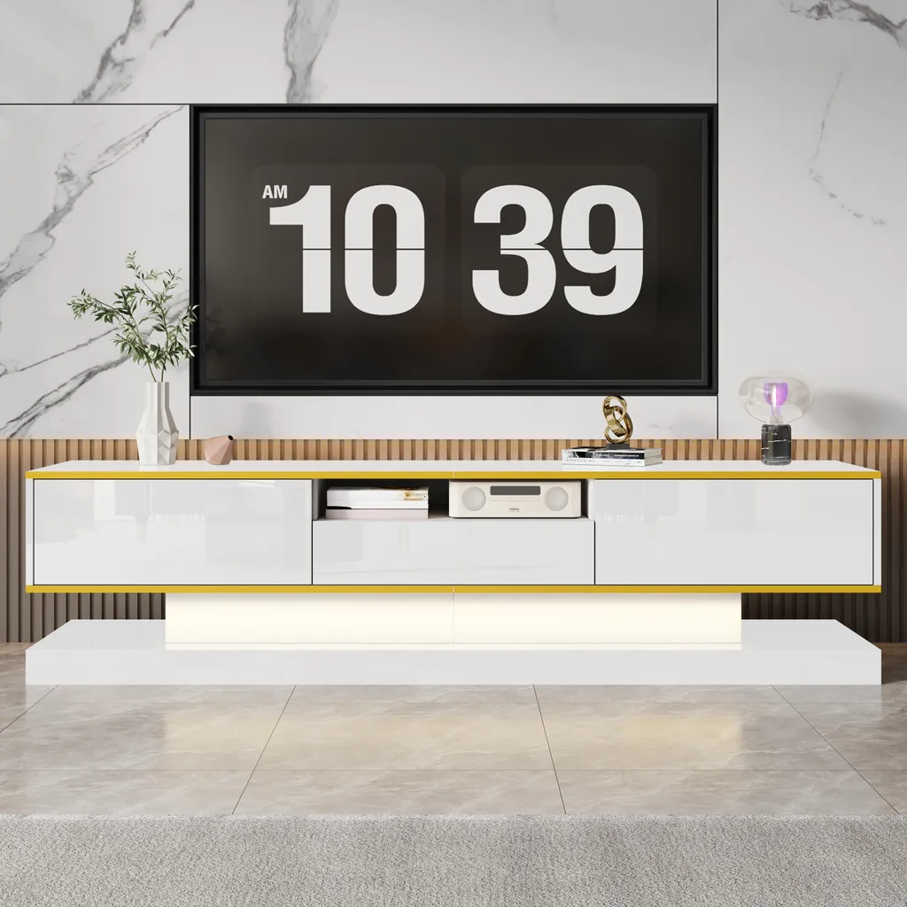 Banc TV laqué blanc de 180 cm de longueur avec trois grands tiroirs bas