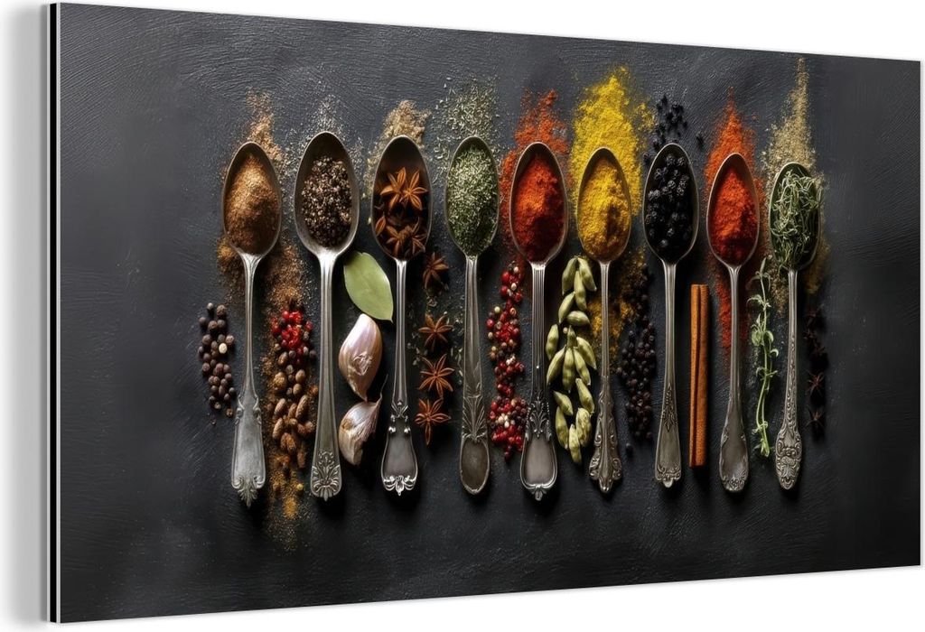 MuchoWow Wanddekoration Metall Metallbild Wandkunst 40x20 cm Löffel - Gewürze - Zimt - Chili MuchoWow Aluminium Gemälde - Bild - Aluminium