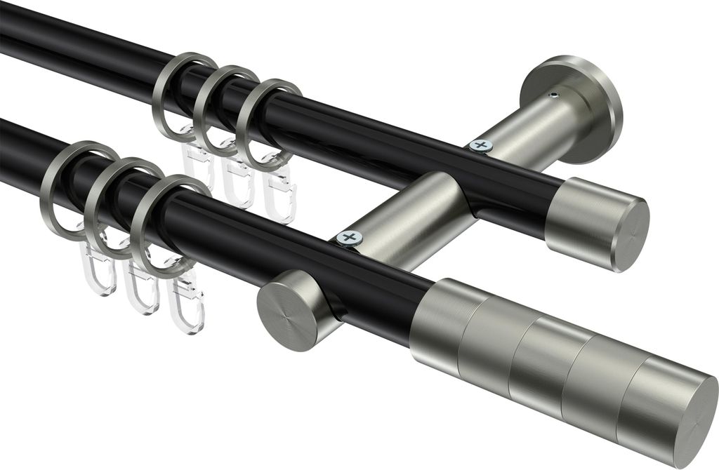 Interdeco Gardinenstange / Vorhangstange Schwarz / Edelstahl-Optik, Typ Platon Mavell (Zylinder Bicolor), 20 mm Ø 2-läufig, 100 cm