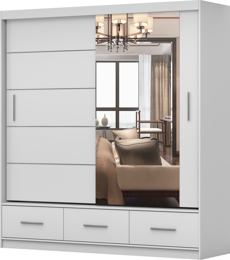 A white sliding door wardrobe with a mirrored door, reflecting a bedroom interior. The wardrobe has three drawers at the bottom.