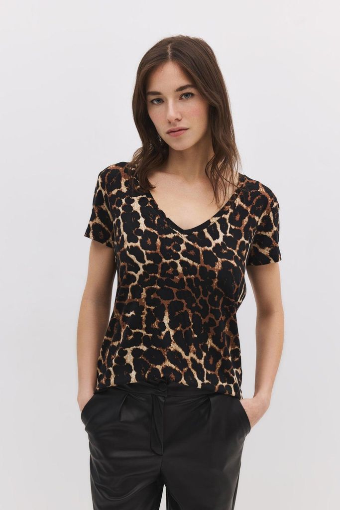 T-Shirt mit V-Ausschnitt und Muster, Leopard, M