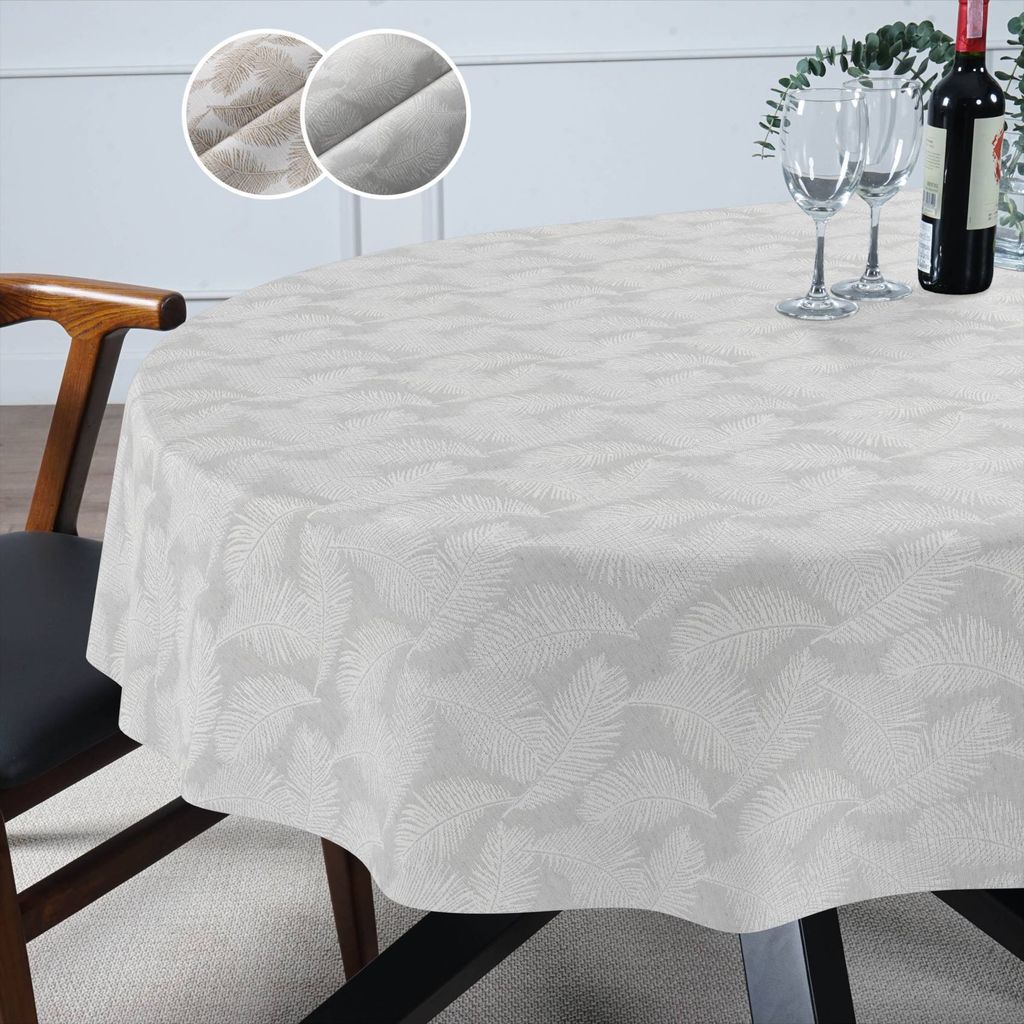 Tischdecke Feder - KATE aus feinem Stoff exklusiv Veredelung Tischtuch Edelmetall Tischwäsche gemustert Silber Oval 140x180cm mit Schnittkante