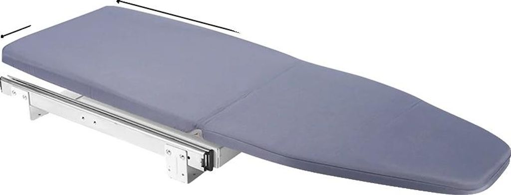 A gray ironing board with a white metal frame, shown from a diagonal angle.
