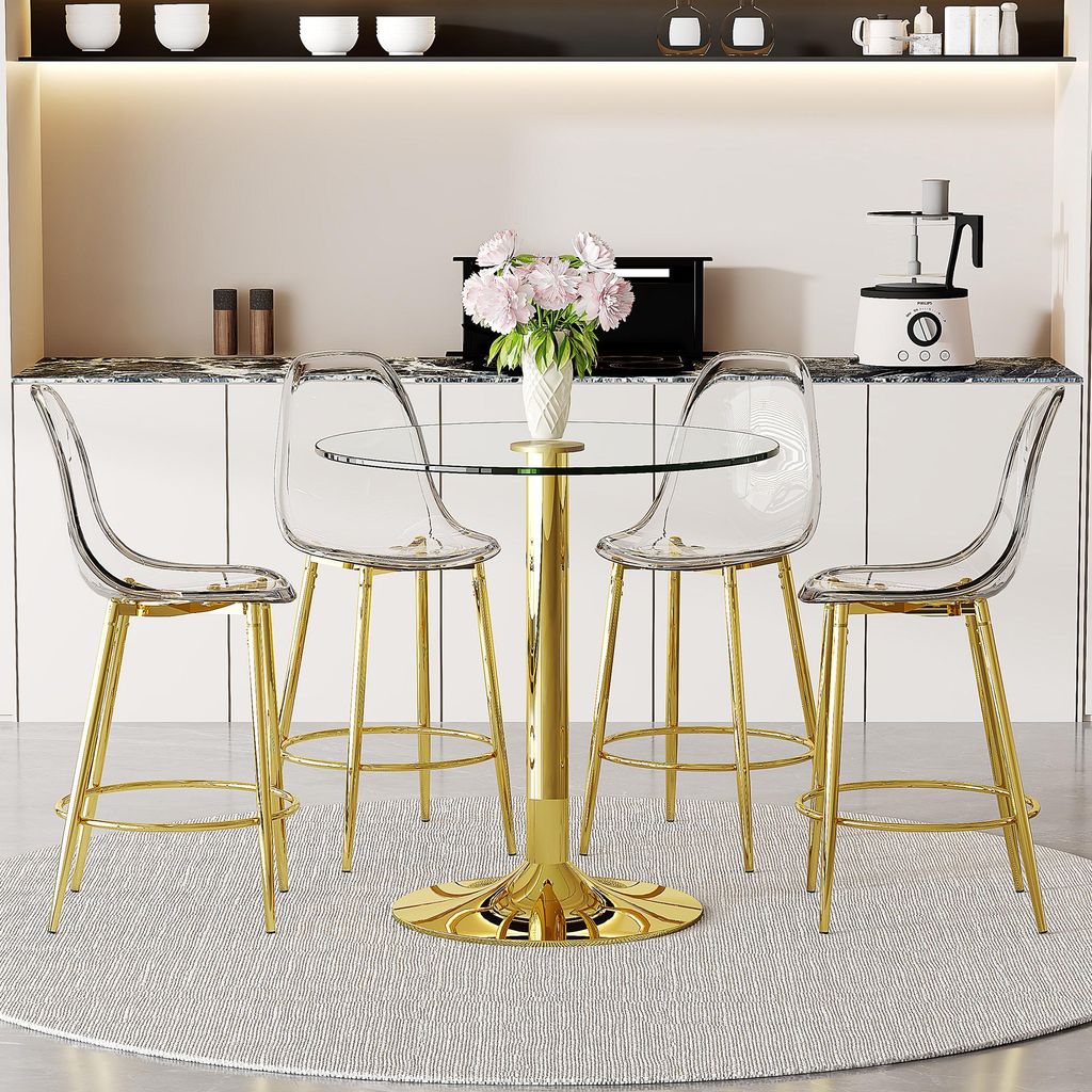 Modernes 5-Teiliges Bar-Set: Ø 89cm Glastisch & 4 Transparente Barhocker | 92cm Stehtisch mit 66cm Sitzhöhe | Platzsparendes Design für Küche &...